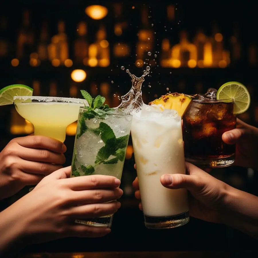 Cocktail glasses clinking together in a cheers toast