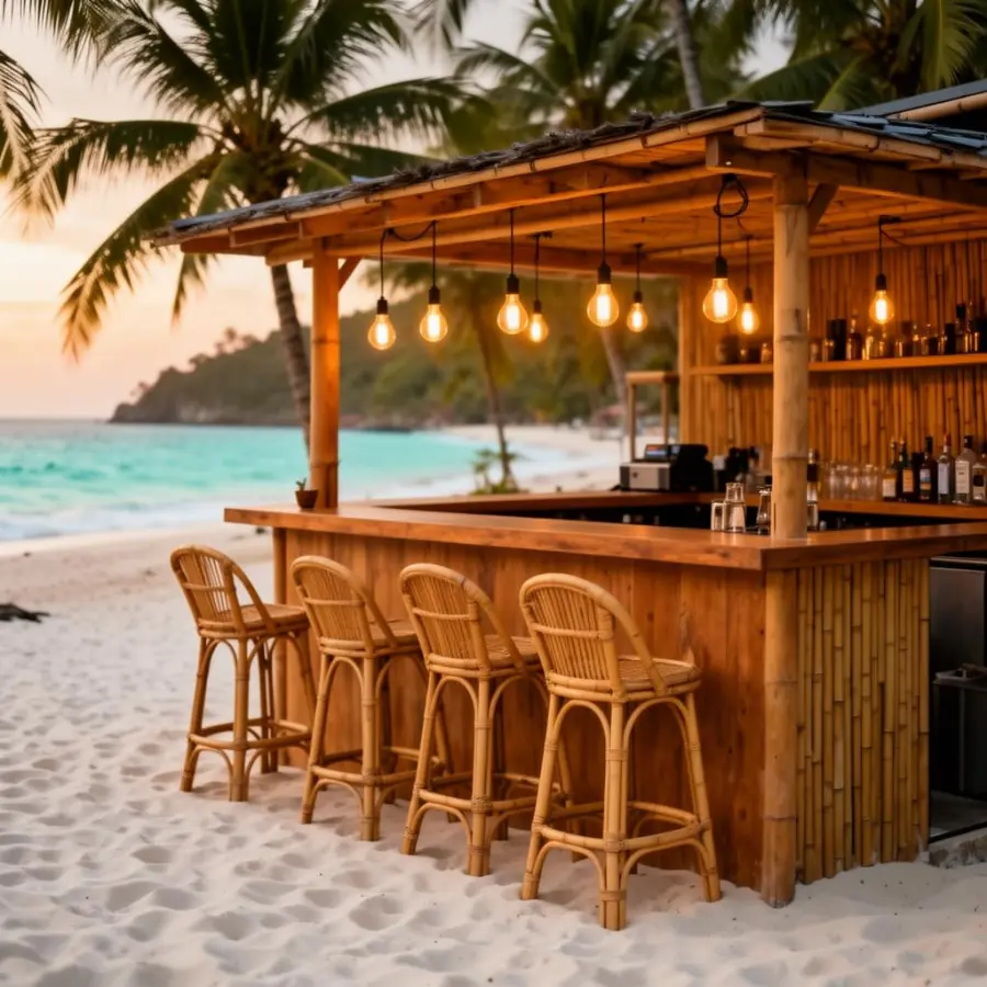 Beachfront bar on the white sand of Alona Beach at sunset
