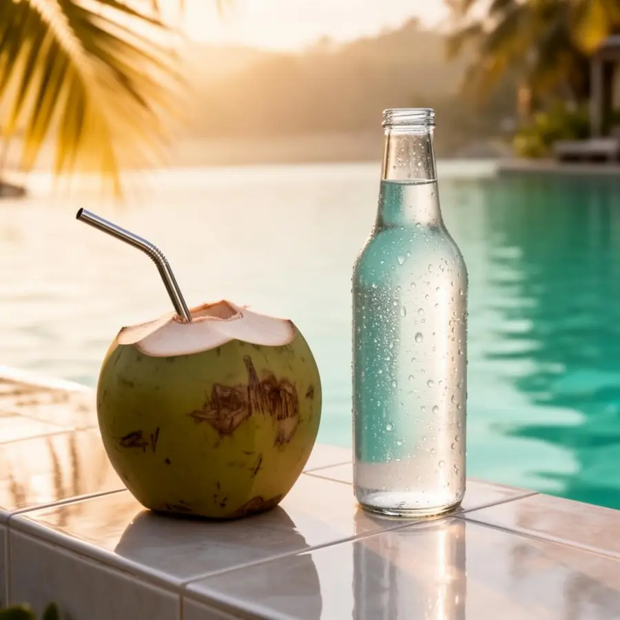 Fresh coconut and chilled bottle of water by the pool